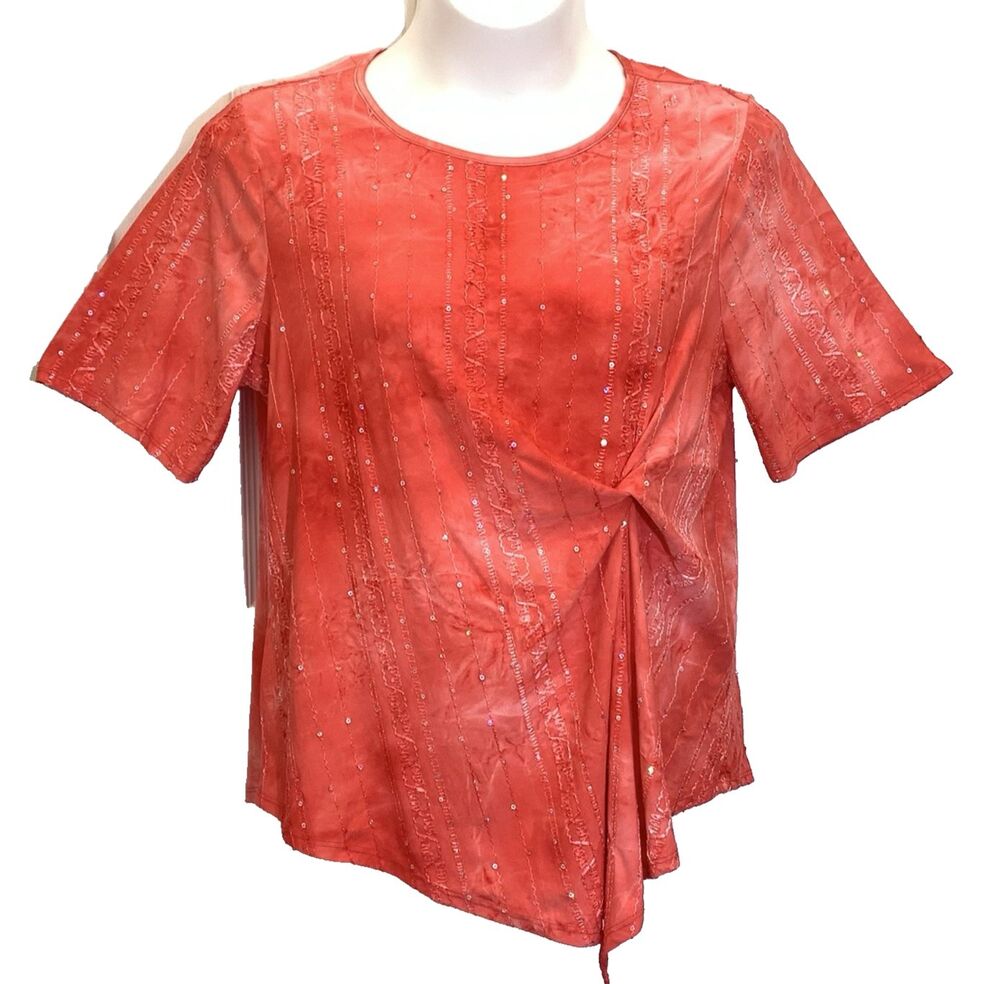Coral Bay Blouse Womens 1X Coral Sequins Embroidered Twist Front